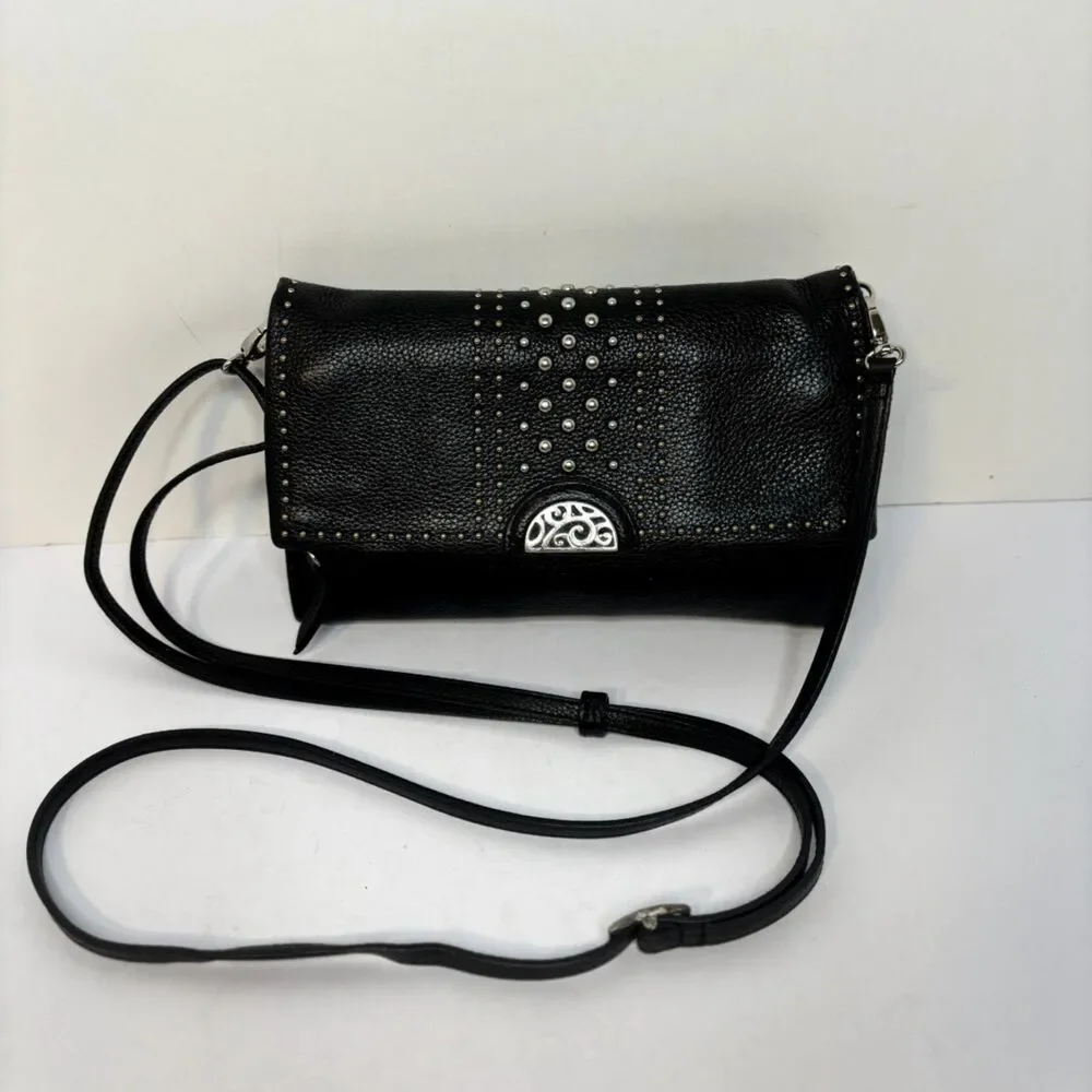Brighton Crossbody Bag Black Leather Studded Silver Hardware Womens - Picture 4 of 5